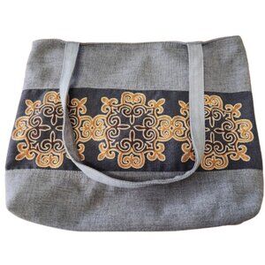 Mary & Martha Embroidered Tote Bag – Zippered Closure – Gray & Gold